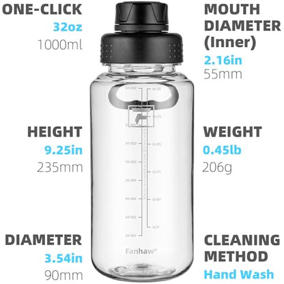 Fanhaw 32 oz Clear BPA-Free Tritan Water Bottle with Fast-Flow Spout Lid, BPA-Free & Leak-Proof Wide-Mouth Reusable Bottle for Gym, School & Office, Back to School Essentials (Clear&Black) - color: Clear&Black