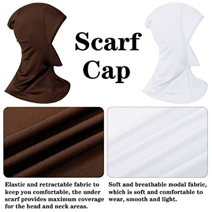 4 Pieces Modal Hijab Cap Adjustable Muslim Stretchy Turban Full Cover Shawl Cap Full Neck Coverage for Lady - color: Black, White, Dark Brown, Beige