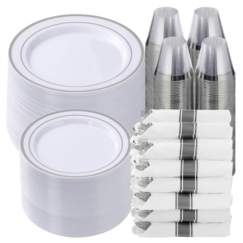 Goodluck 700 Piece Silver Plastic Dinnerware Set for 100 Guests - color: Silver, style: 700 Piece (100 guests)