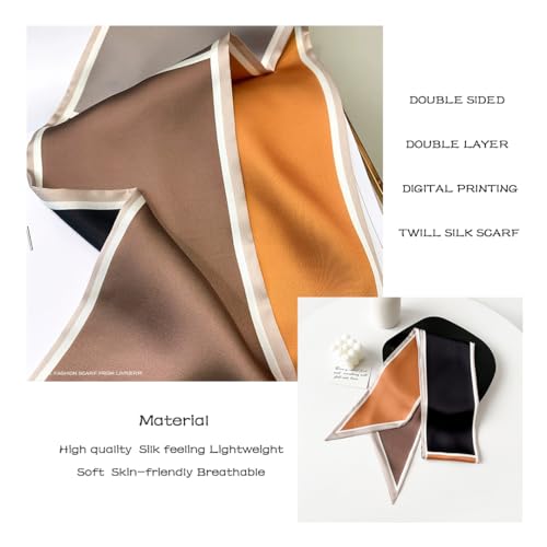 Silk Feeling Head Scarf Fashion Satin Hair Scarf Square Long Scarves for Women Gifts - color: 02 Grey Black Orange 5.12 X 59 Inch