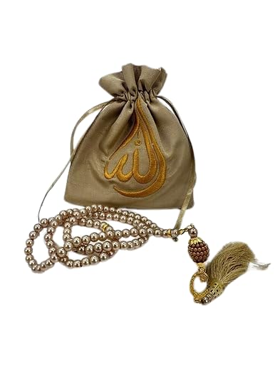 ISLAMIC HOLIDAY DECOR Misbaha Prayer Bead Pouch Gift - Premium Quality Tasbeeh Set with Embroidered Allah Pouch Islamic Gift for Eid, Ramadan Mubarak, New Year Muslim New Year (Gold) - color: Gold