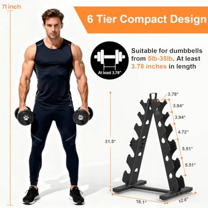 TomCare 6-Tier|5-Tier|4-Tier|2-Tier Dumbbell Rack Stand Only for Home Gym | Stable A-Frame, Fits 5–35 lb Dumbbells, Protective Padded Cradles, Adjustable Feet, Easy-Carry Handle (Stand Only) - color: Black, size: 6 Tier