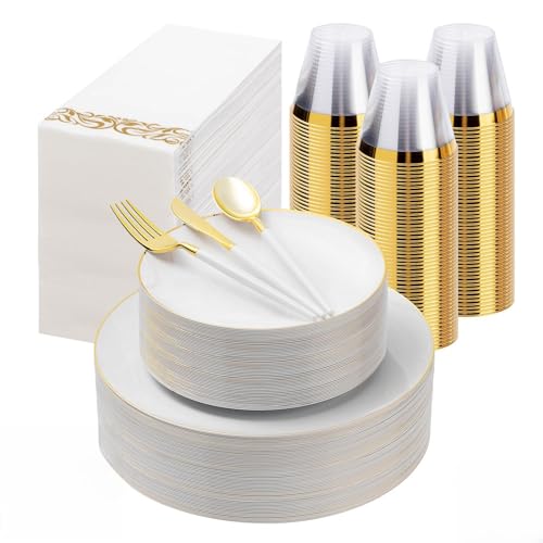 Bestluck 350 Pcs White Gold Plastic Plates,Disposable Dinnerware Set - color: White, size: 50 Guests