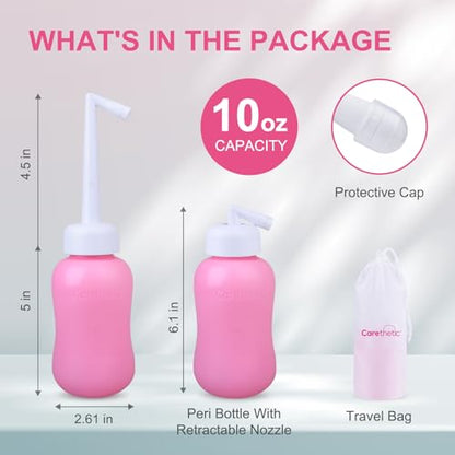 Carethetic Peri Bottle, 10oz Upside Down Portable Bidet for Postpartum Care, Perineal Cleansing with Angled Nozzle, Travel Bag, New Mom Essentials, Pink
