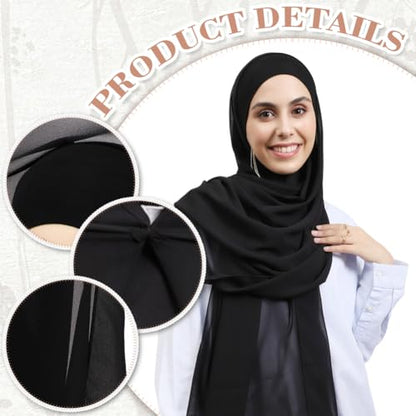 Women Instant Chiffon Hijab Set 3-in-1 Hijabs Scarf Muslim Soft Long Head Scarf with Built-in Magnets and Undercap - color: Black