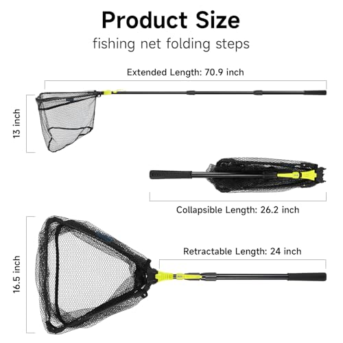 SANLIKE Foldable Fishing Landing Net, Telescopic Aluminum Pole Fishing Net | Fast folding fishing landing net for easy carrying,soft mesh safeguards fish during freshwater lake, river and pond shore - size: 71 inch
