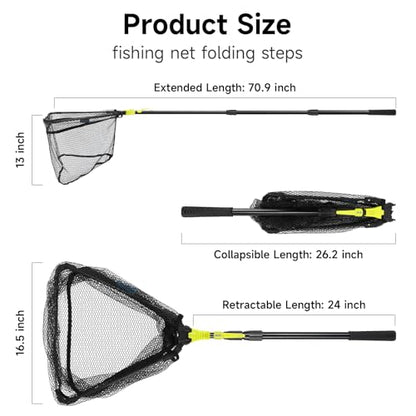 SANLIKE Foldable Fishing Landing Net, Telescopic Aluminum Pole Fishing Net | Fast folding fishing landing net for easy carrying,soft mesh safeguards fish during freshwater lake, river and pond shore - size: 71 inch