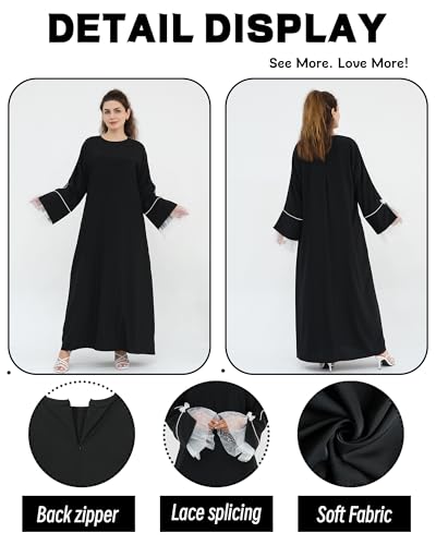 Luxury Black Abaya Dress with Intricate Lace Cuffs Full-Coverage Modest Wear for Muslim Women Elegant Prayer Dress - size: Large