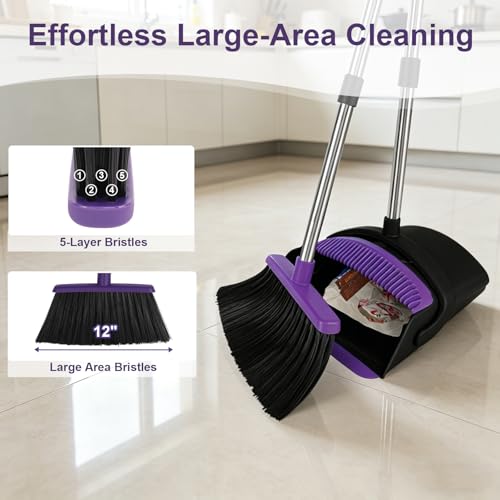 Broom and Dustpan Set, Upright Purple Broom with Dustpan Combo Set 51" Long Handle, Self Cleaning Dust Pan for Home, Kitchen and Office - color: Purple, size: Standard