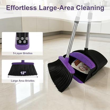 Broom and Dustpan Set, Upright Purple Broom with Dustpan Combo Set 51" Long Handle, Self Cleaning Dust Pan for Home, Kitchen and Office - color: Purple, size: Standard