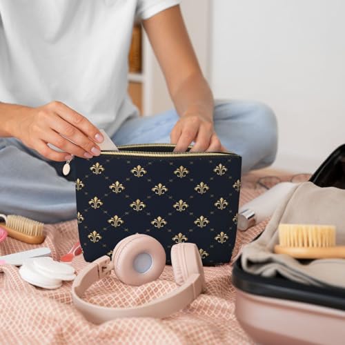 Leather Makeup Bag for Purse, Waterproof Small Toiletry Bag with Zipper, Cute Cosmetic Bags for Women, Navy Gold Fleur De Lis Pattern Travel Pouch - color: Navy Gold Fleur De Lis Pattern