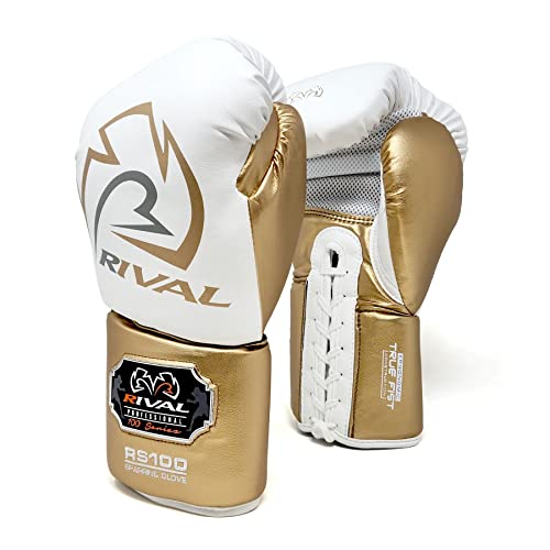 RIVAL Boxing RS100 Professional Lace-Up Sparring Gloves, Handcrafted with Super-Rich Microfiber PU, Ergonomically Designed to Perfectly Fit Your Hand - color: White/Gold, size: 14 oz.