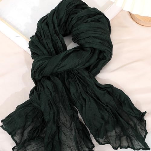 Women Crinkle Spring Scarf Shawls Summer Long Scarves Lightweight Hijab Wraps Soft Linen Cotton for Beach Travel - color: Dark Green