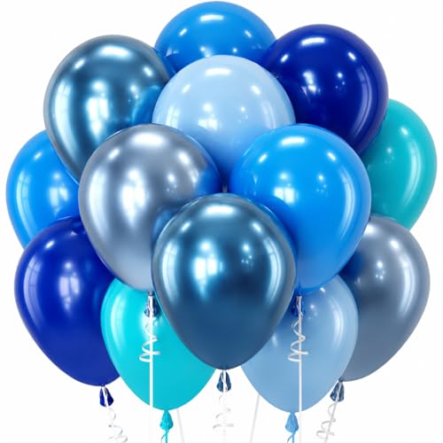 Blue Balloon Set, 12 Inch Metallic Chrome Light Royal Baby Dark Sky Matte Powder Shades of Blue Teal Latex Balloons for Men Boy Birthday Father's Day Bridal Shower Wedding Ocean Party Decorations - color: Assorted Blue
