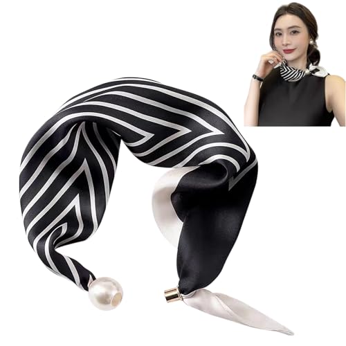 MIUPOO Magnetic Pearl Scarf,Satin Scarves for Women,Classic Printing Scarf,Elegant Neck Tie,Hair Bandanas Scarves,1 Piece. (1, black) - color: black