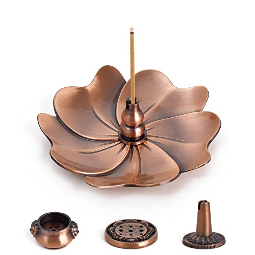 Sakura Flower Incense Holder, 5Pcs Red Bronze Incense Burner Holder with Silk Pouch, Bowl-Shape, Lotus Multi-Holes, Cone Shape and Gourd-Shape for Yoga Living Room Bedroom Home Fragrance - color: Red Copper, 5 Pcs