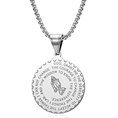 Serenity Prayer Necklace Praying Hands Coin Pendant for Men Women - color: Silver
