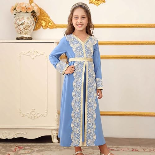 Kids Girls Ramadan Muslim Lace Trim Maxi Dress with Belt Prayer Arabic Kaftan Dubai Islamic Eid Dresses - color: Blue, size: 10-11 Years