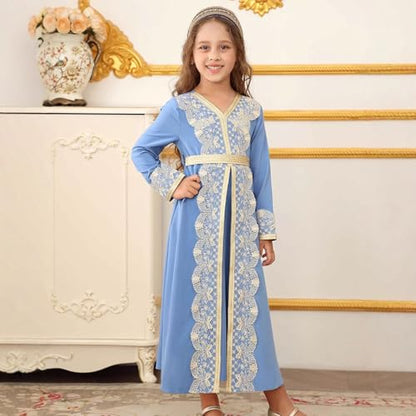 Kids Girls Ramadan Muslim Lace Trim Maxi Dress with Belt Prayer Arabic Kaftan Dubai Islamic Eid Dresses - color: Blue, size: 10-11 Years