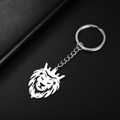 Dreamtimes Lion With King Crown Keychain for Men Stainless Steel Lion Punk Rock Keychain Bag Car Key Pendant Keychain - color: Silver-1