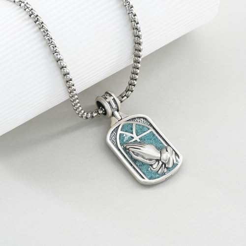 Western Catus/Knights Templar/St Michael/Santa Muerte/Praying Hand/Spartan/Virgin Mary/Tetragrammaton/Wrestlers/Allah Necklace Sterling Silver Dog Tag Necklace Christian Jewelry Gifts for Men - style: Praying Hand