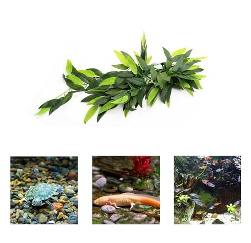 Artificial Aquarium Plants Plastic, Reptile Plants Hanging Silk Terrarium Rattan Ornament with Suction Cup (Green)