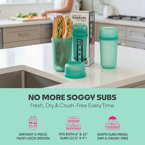 SubSafe 3-Piece Sub Sandwich Container, Seafoam Green - As Seen on Shark Tank - Waterproof, Crushproof, BPA-Free Food Storage that Floats - Fits 6 & 12 in Subs - Great for Travel, Beach, Camping - color: Seafoam Green 3 piece