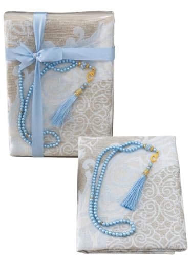 Premium Islamic Prayer Mat Set - Perfect Ramadan Gift for Men & Women - Elegant Tasbih & Luxury Pouch - Portable Sajadah Janamaz Set for Eid, Umrah & Daily Namaz (Blue) - color: Blue