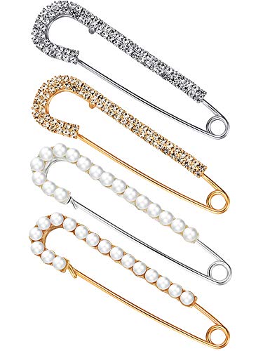 Boao 4 Pieces Women Brooch Pins Sweater Shawl Clips Faux Crystal Pearl Brooches Safety Pins Dress Shirt Clips for Women