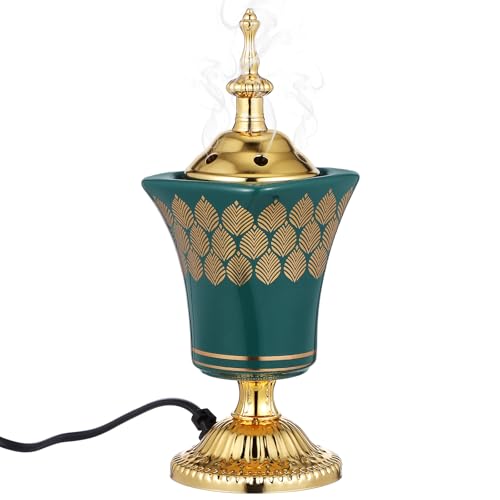 Cabilock Electric Bakhoor Burner, Metal Electric Incense Burner for Oud, Frankincense & Resin, Flame-Free Arabic Bukhoor Holder for Home Decor, Yoga, Spa & Office, Vintage Green Censer