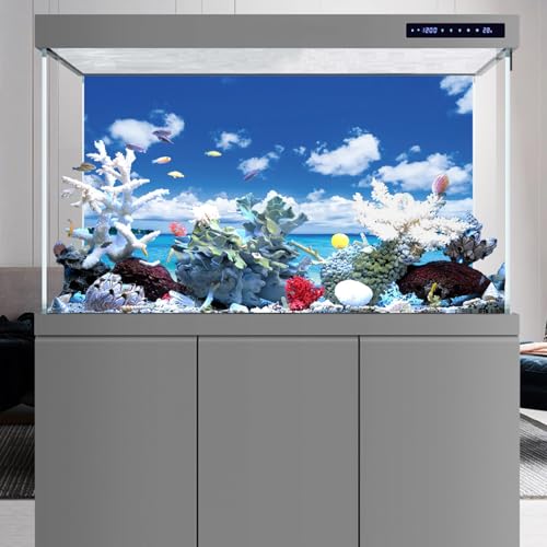 AWERT 48x24 inches Nature Landscape Aquarium Background Small Island Blue Sky White Cloud Beach Ocean Natural Scenery Fish Tank Background Beach and Sea Scenery Fish Tank Background - size: 48x24in/120x60cm