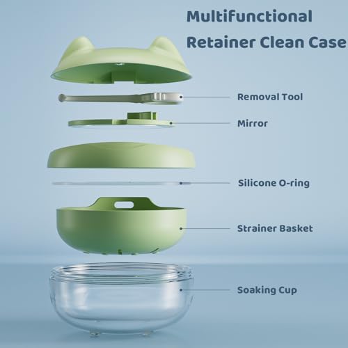 Retainer Case Denture Bath Case Basket Mirror Leak-proof Green Cat | 2-in-1 design Strainer Basket No-Leak Cleaning Case for Mouth Guard Cute Removal Tool,Aligner chewies,Bursh - color: Green Cat