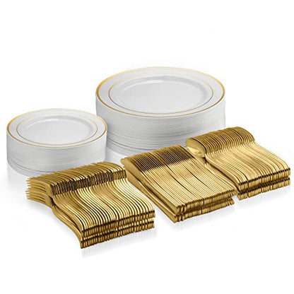 125 Piece Gold Dinnerware Party Set - 50 Gold Rim Plastic Plates, 25 Dinner 25 Dessert Plates, 25 Knives, 25 Forks, 25 Spoons - 25 Guest Disposable Set for Wedding Birthday Parties - color: Gold Rim