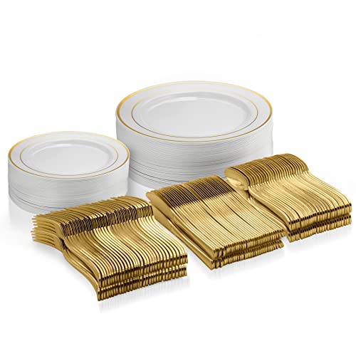 125 Piece Gold Dinnerware Party Set - 50 Gold Rim Plastic Plates, 25 Dinner 25 Dessert Plates, 25 Knives, 25 Forks, 25 Spoons - 25 Guest Disposable Set for Wedding Birthday Parties - color: Gold Rim