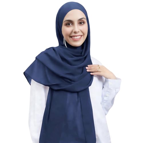 Instant Hijab Set 3-in-1 Chiffon Hijab Scarf for Women with Built-in Magnets and Undercap Head Wraps - color: Navy