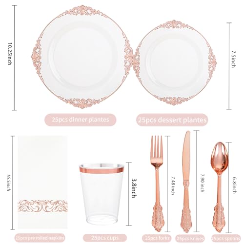 Hioasis 175pcs Clear Rose Gold Plastic Plates - Elegant Disposable Dinnerware Set Suitable for 25 Guests Include 10.25" Dinner & 7.5" Dessert Plates, Cutlery, Napkins, Cups for Party - color: Clear and Rose Gold