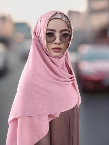 Geyoga Hijab Scarf for Women Soft Chiffon Rhinestone Long Scarf Shawl Fashion Muslim Hijab Head Wrap Scarves - color: Pink