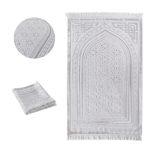 Modefa Luxury Velvet Prayer Rug with Prayer Beads | Soft Elegant Muslim Turkish Janamaz Sajada Carpet for Men and Women | Plain Solid Prayer Mat Ramadan Eid Gift - Najma (White) - color: Najma White
