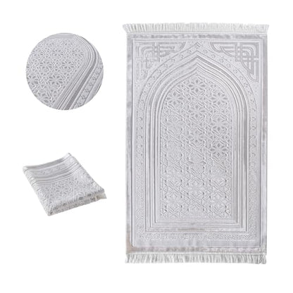 Modefa Luxury Velvet Prayer Rug with Prayer Beads | Soft Elegant Muslim Turkish Janamaz Sajada Carpet for Men and Women | Plain Solid Prayer Mat Ramadan Eid Gift - Najma (White) - color: Najma White