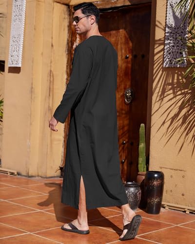 YAOHUOLE Men's Kaftan Thobe Long Sleeve Men Thobe Robe Side Split Men Thobe with Pockets Casual Thobe - color: Black-long Sleeve, size: X-Large