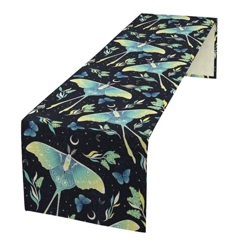 Bohemia Butterfly Moth Table Runner, Boho Wildflower Moon Phase Botanical Print Table Runner for Home Kitchen Dining Patio Holiday Party 13x36in - color: Moth-2, size: W13''xL36''