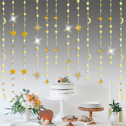 92FT Gold Moon Star Garland, Sparkly Crescent Moon & Star Hanging Decor for Ramadan Eid Mubarak, Birthday Party Supplies, Wedding Baby Shower Decorations, Photo Booth Props - size: 92 Gold Star