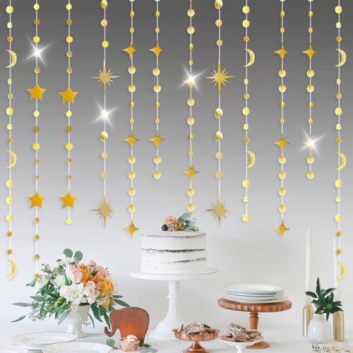 92FT Gold Moon Star Garland, Sparkly Crescent Moon & Star Hanging Decor for Ramadan Eid Mubarak, Birthday Party Supplies, Wedding Baby Shower Decorations, Photo Booth Props - size: 92 Gold Star