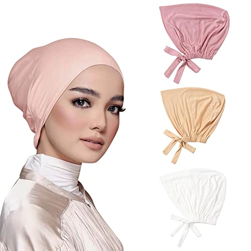4 Pcs Women Hijab Undercap Islamic Muslim Inner Beanies Cap with Tie Back Closure, Adjustable Underscarf Hat Chemo Turban Cap(Color#3)