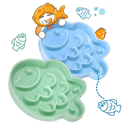 2Pcs Ceramic Cat Slow Feeder Bowl, Fish Shape 6.3" W Wide Shallow Cat Plate, Whisker Friendly Slow Feed Bowl for Wet Meals, Dry Kibble, Canned Meals & Treats, Dishwasher Safe, (Green + Blue) - color: Green + Blue