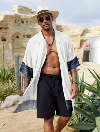 COOFANDY Men's Ruffle Shawl Collar Lightweight Cardigan Long Kimono Jackets Open Front Drape Cape Coat - color: White, size: Large