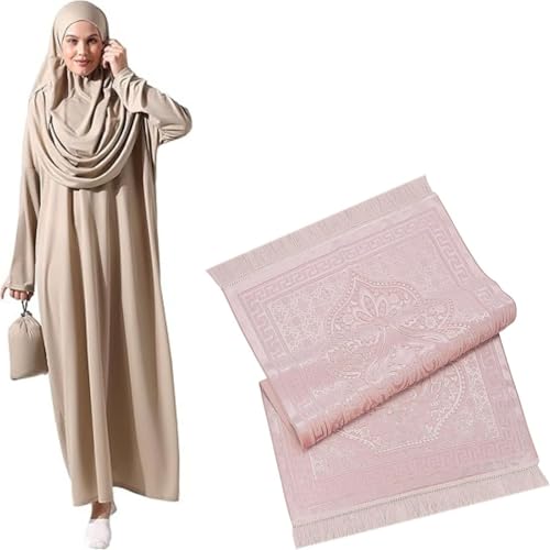 ihvan online, Islamic Prayer Dress & Rug Set, Soft Plush Lux Velvet Prayer Mat with Muslim Dresses for Women, Mink-Standard Sizes: 2-12 (XS-XXL), Islamic Prayer Gift Set