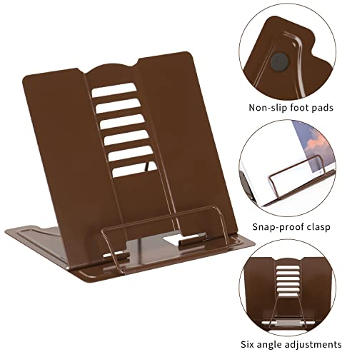 Metal Book Stand Adjustable Book Holder for Reading | Portable & Sturdy For Textbooks Cookbooks Sheet Music Papers Study - color: Full Brown