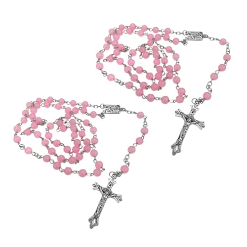 2PCS Pink Rosary Pendant Car Interior Rear View Mirror Charm Auto Decors, Medal and Cross Personalized Hanging Accessories for Women Men - color: Pink Rosary