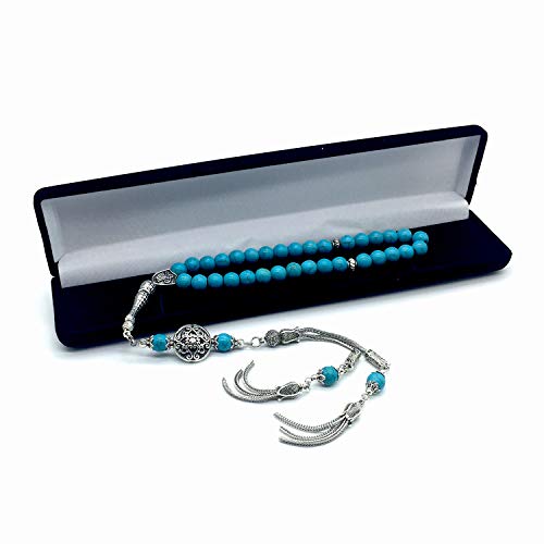Design - New Long & Stylist Tassels Worry Beads - Prayer Beads (8 mm-33 Beads) Tesbih-Tasbih-Tasbeeh-Misbaha-Subha-Sebha-Sibha-Rosary (Synthetic Turquoise Stone - Twin Tassel) - color: Synthetic Turquoise - Twin Tassel